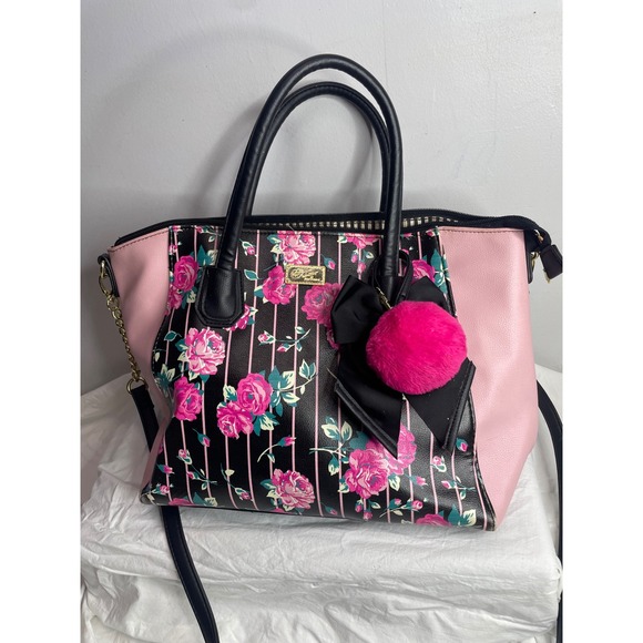 Betsey Johnson Handbags - Betsey Johnson Satchel Bag Pink Black Floral Print Top Handle Crossbody Charm